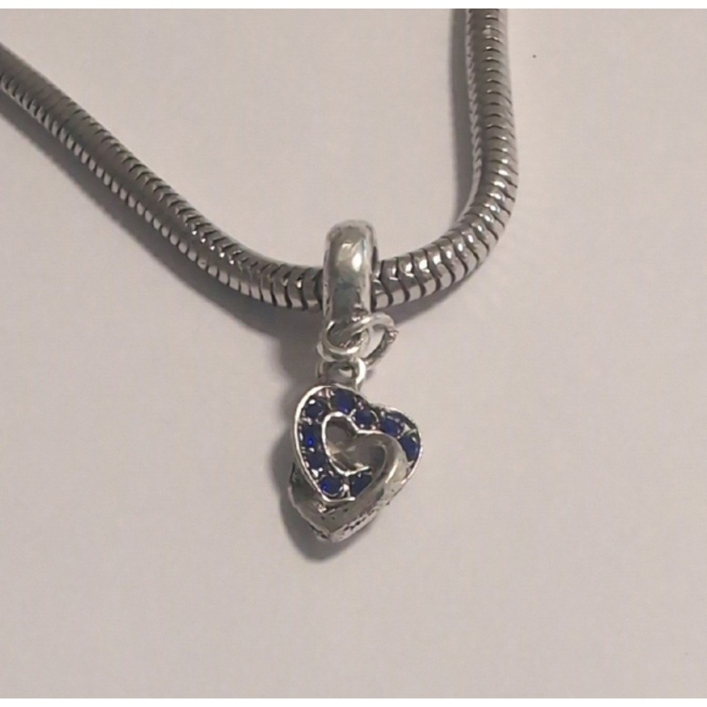 Silver Plated Blue Rhinestone Double Heart Dangle Charm for Snake Chain Bracelet